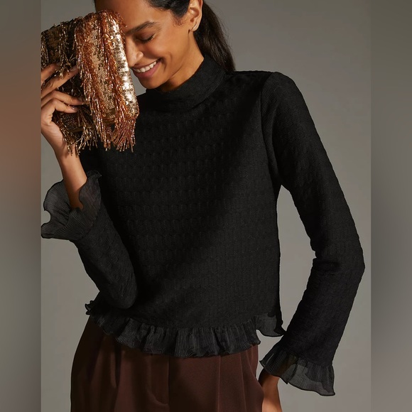 Anthropologie Blue Tassel Ruffled Turtleneck Pullover - Picture 1 of 5